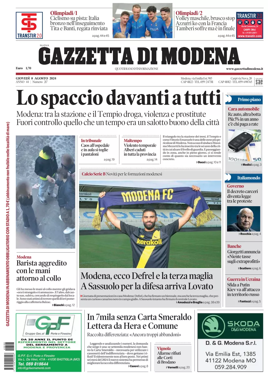 Prima-pagina-gazzetta di modena-oggi-edizione-del-2024-08-08